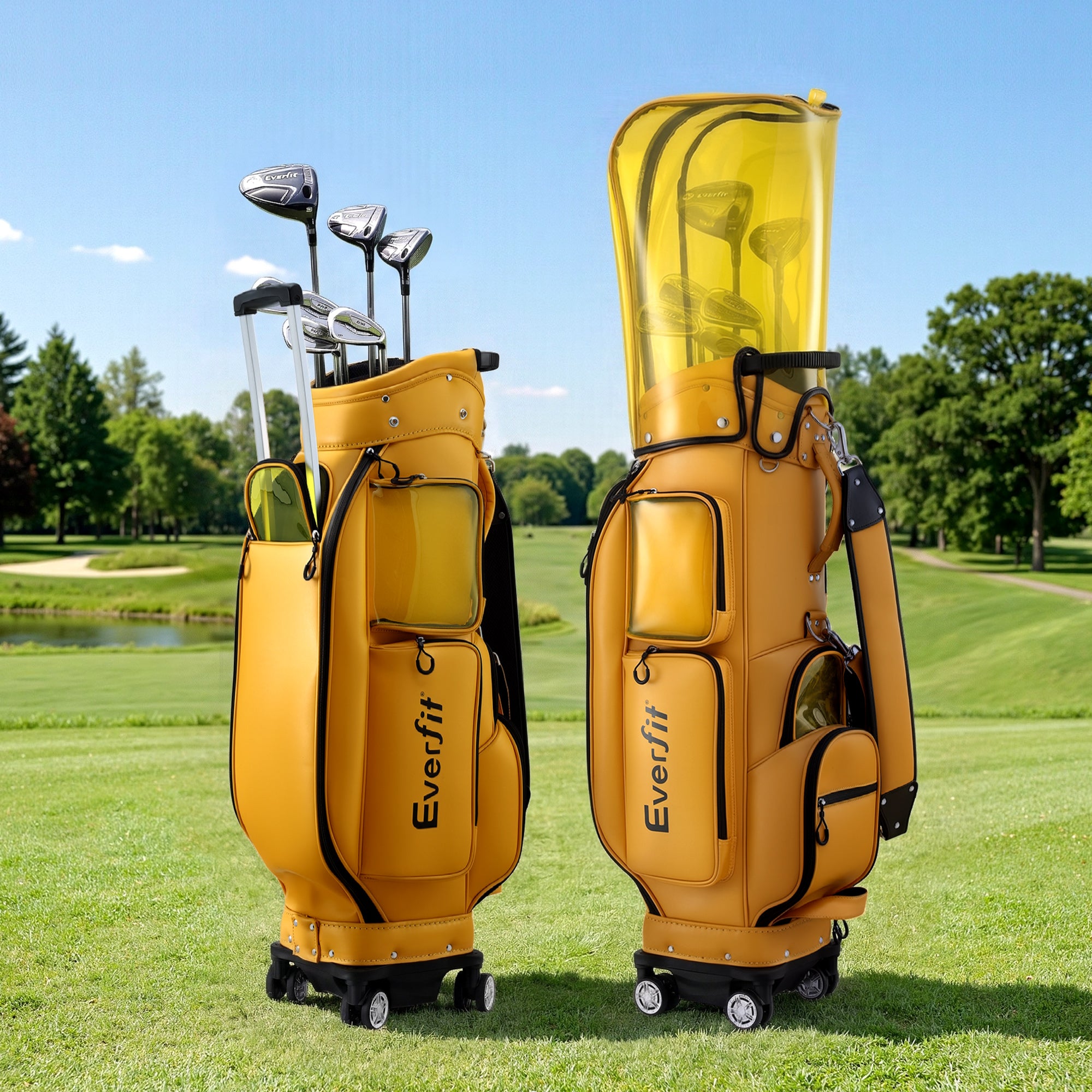 Everfit Golf Cart Bag Rolling Buggy Club Organiser Synthetic Leather Yellow