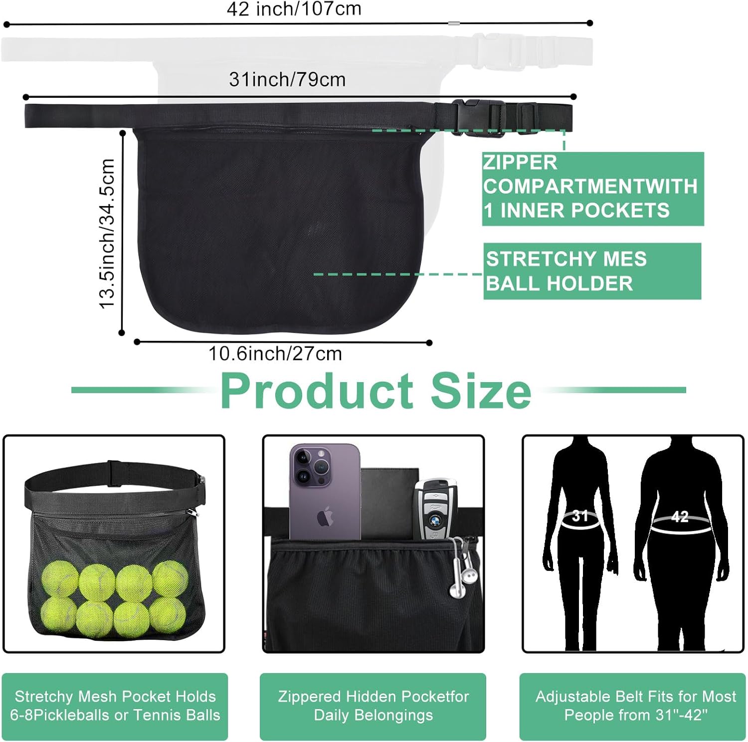 Tennis Ball Holder Ball Bag, Adjustable Pickleball Waist Pouch Holder, Pickleball Bags Holding 8-10 Tennis or Pickleball, Waist Hip Bag for Tennis, Cycling, Golf