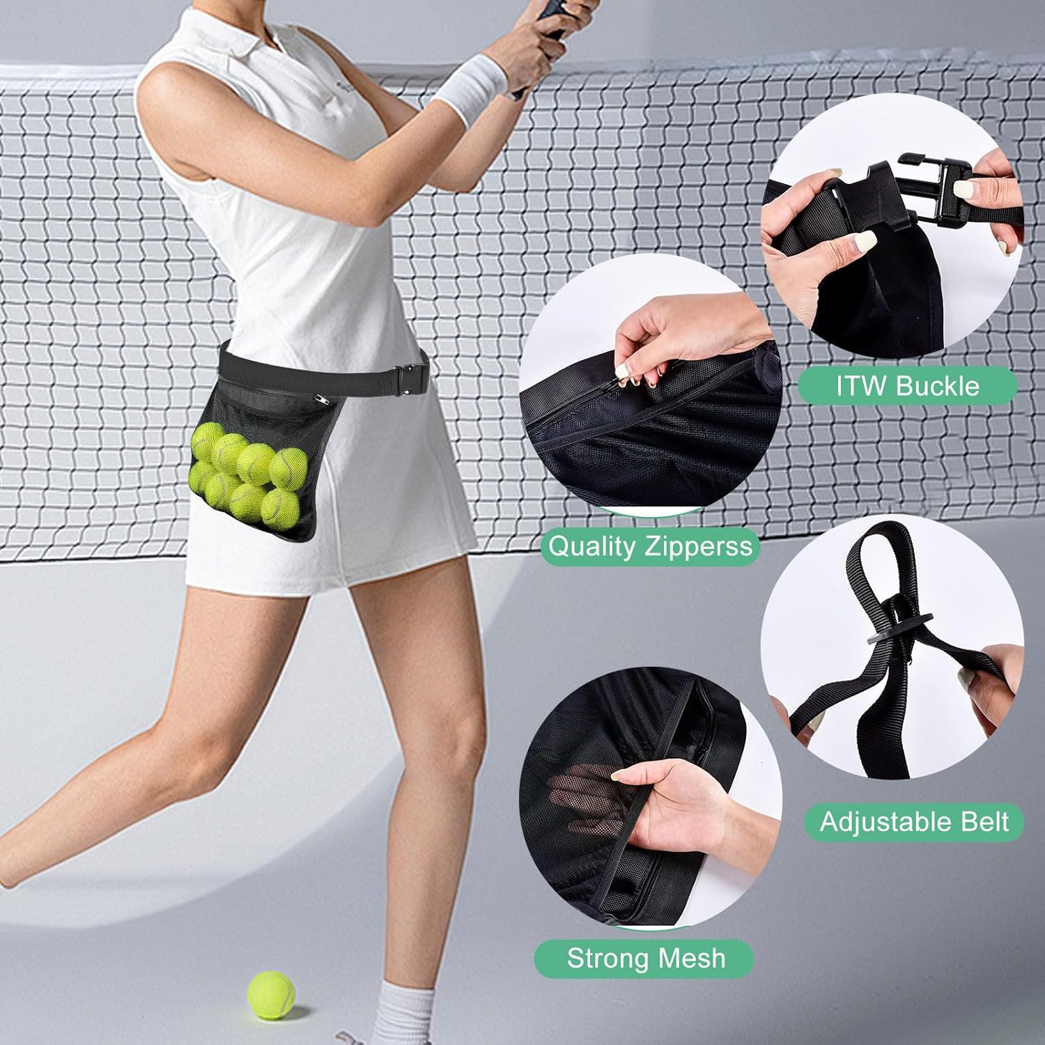Tennis Ball Holder Ball Bag, Adjustable Pickleball Waist Pouch Holder, Pickleball Bags Holding 8-10 Tennis or Pickleball, Waist Hip Bag for Tennis, Cycling, Golf
