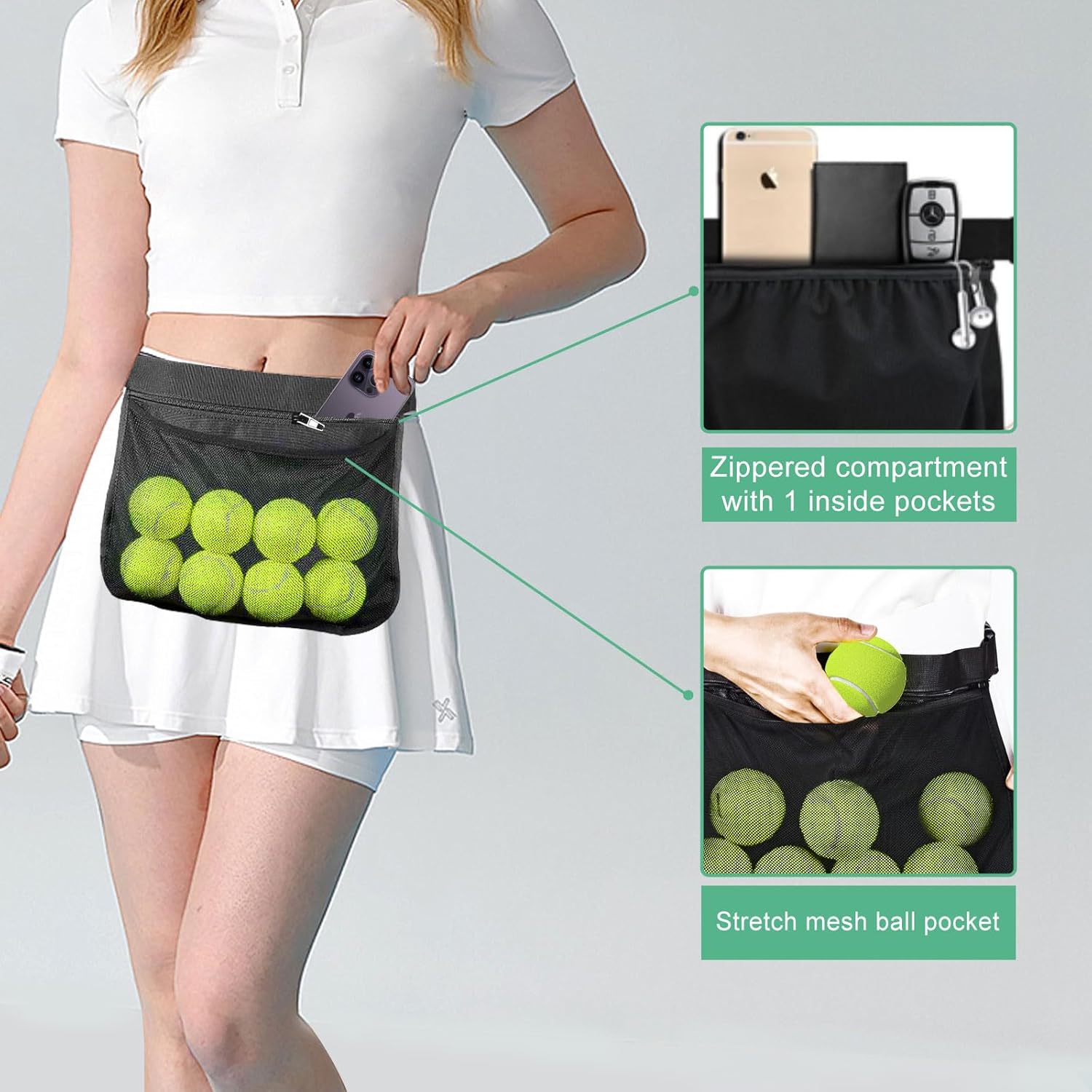Tennis Ball Holder Ball Bag, Adjustable Pickleball Waist Pouch Holder, Pickleball Bags Holding 8-10 Tennis or Pickleball, Waist Hip Bag for Tennis, Cycling, Golf