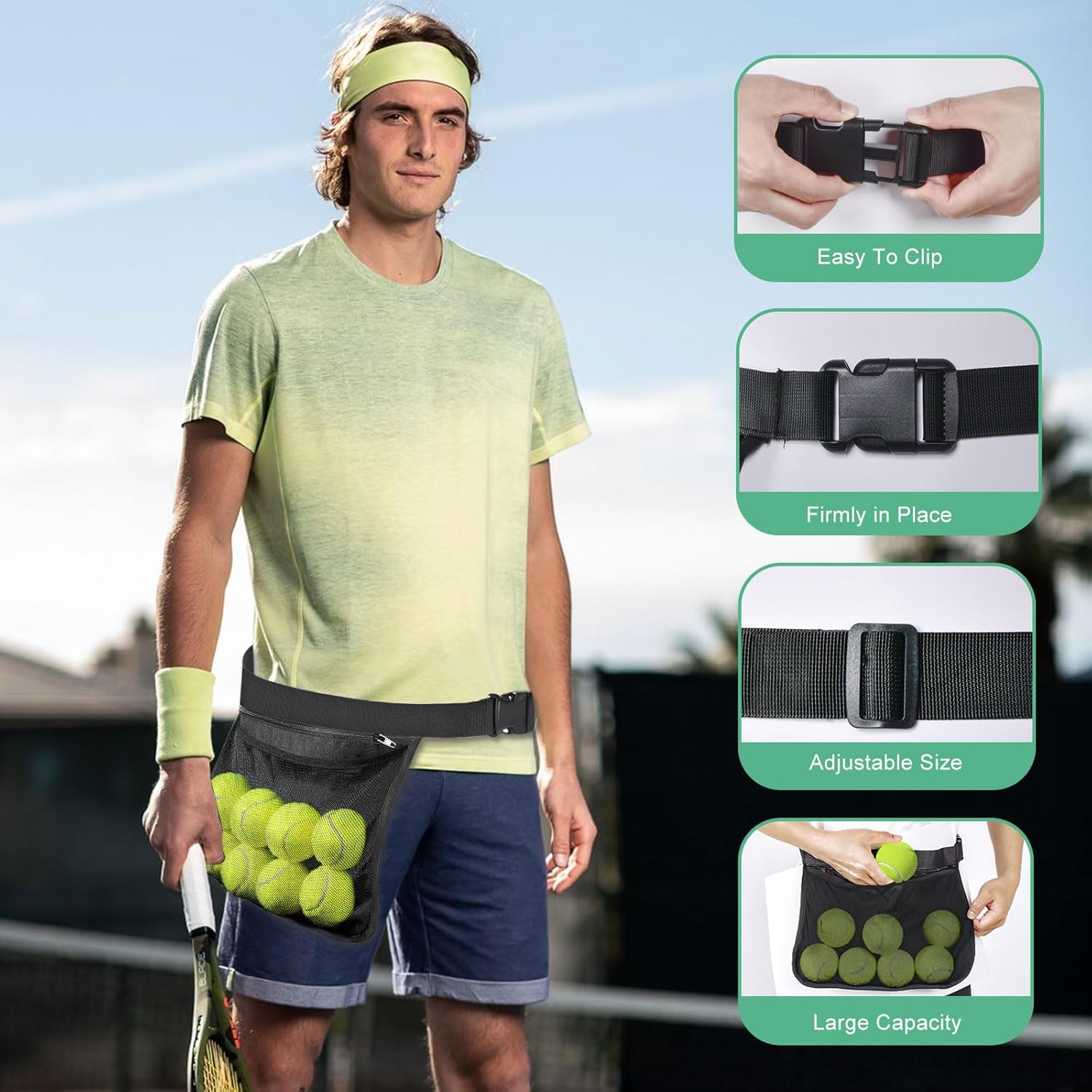Tennis Ball Holder Ball Bag, Adjustable Pickleball Waist Pouch Holder, Pickleball Bags Holding 8-10 Tennis or Pickleball, Waist Hip Bag for Tennis, Cycling, Golf