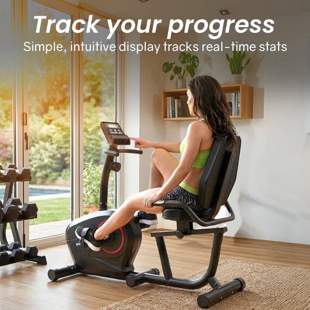PROFLEX Magnetic Recumbent Exercise Bike, LCD Display, Heart Rate Sensors, Adjustable Seat, 8-Level Resistance, Comfortable Seated Home Cardio Fitness Machine