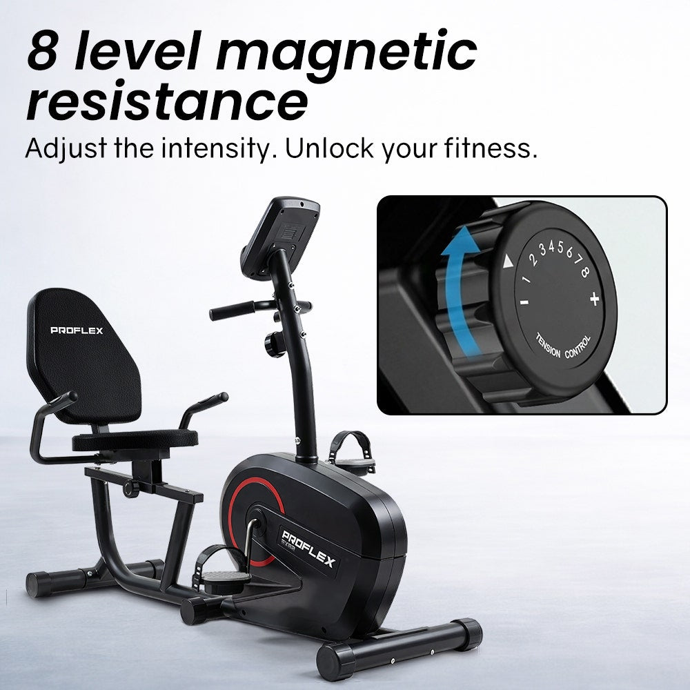 PROFLEX Magnetic Recumbent Exercise Bike, LCD Display, Heart Rate Sensors, Adjustable Seat, 8-Level Resistance, Comfortable Seated Home Cardio Fitness Machine