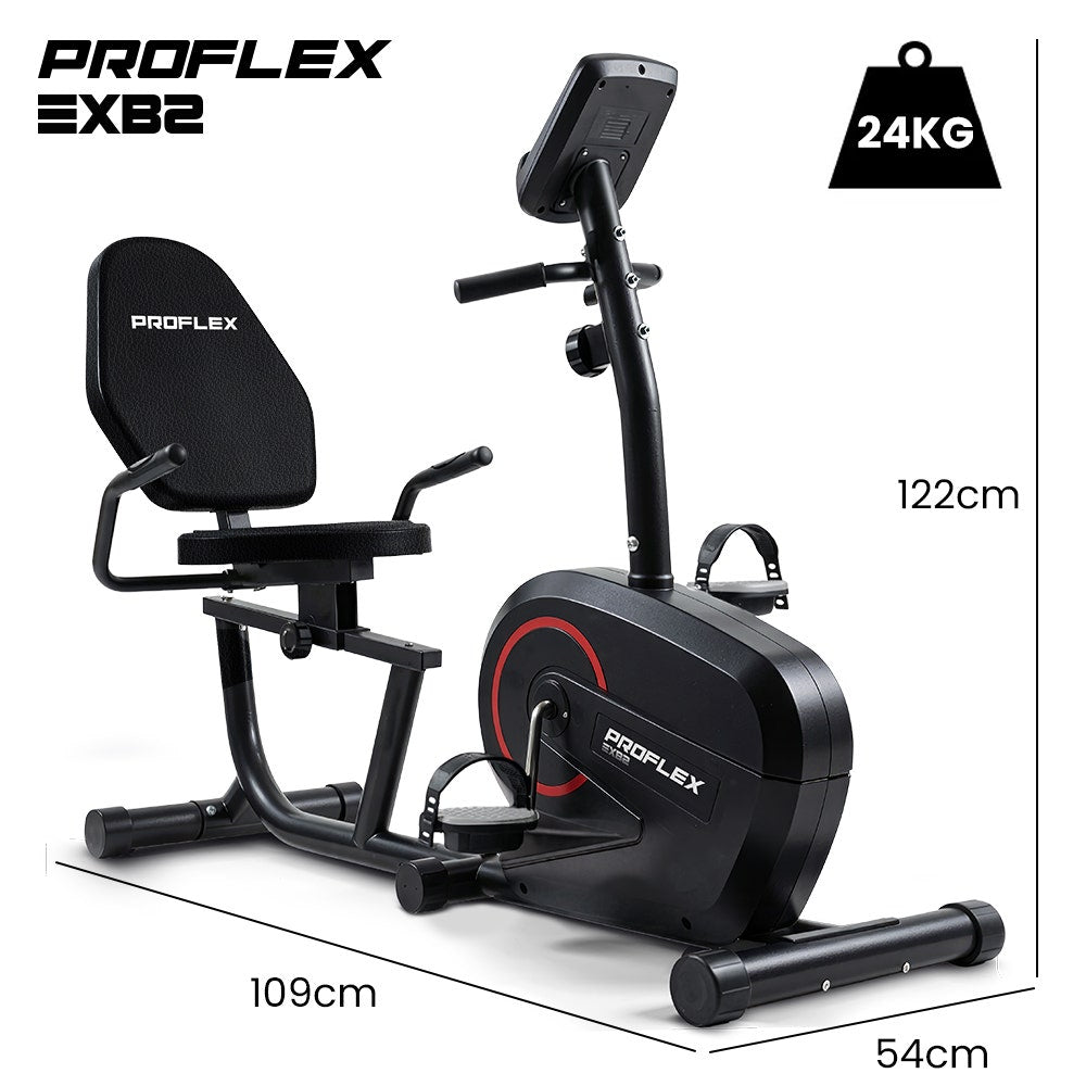 PROFLEX Magnetic Recumbent Exercise Bike, LCD Display, Heart Rate Sensors, Adjustable Seat, 8-Level Resistance, Comfortable Seated Home Cardio Fitness Machine