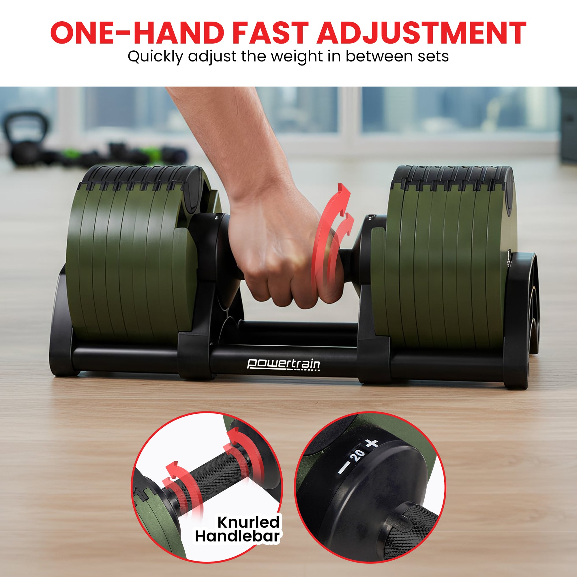 Powertrain Eon Dial-Up 72KG Adjustable Dumbbells Pair with Stand  - Green