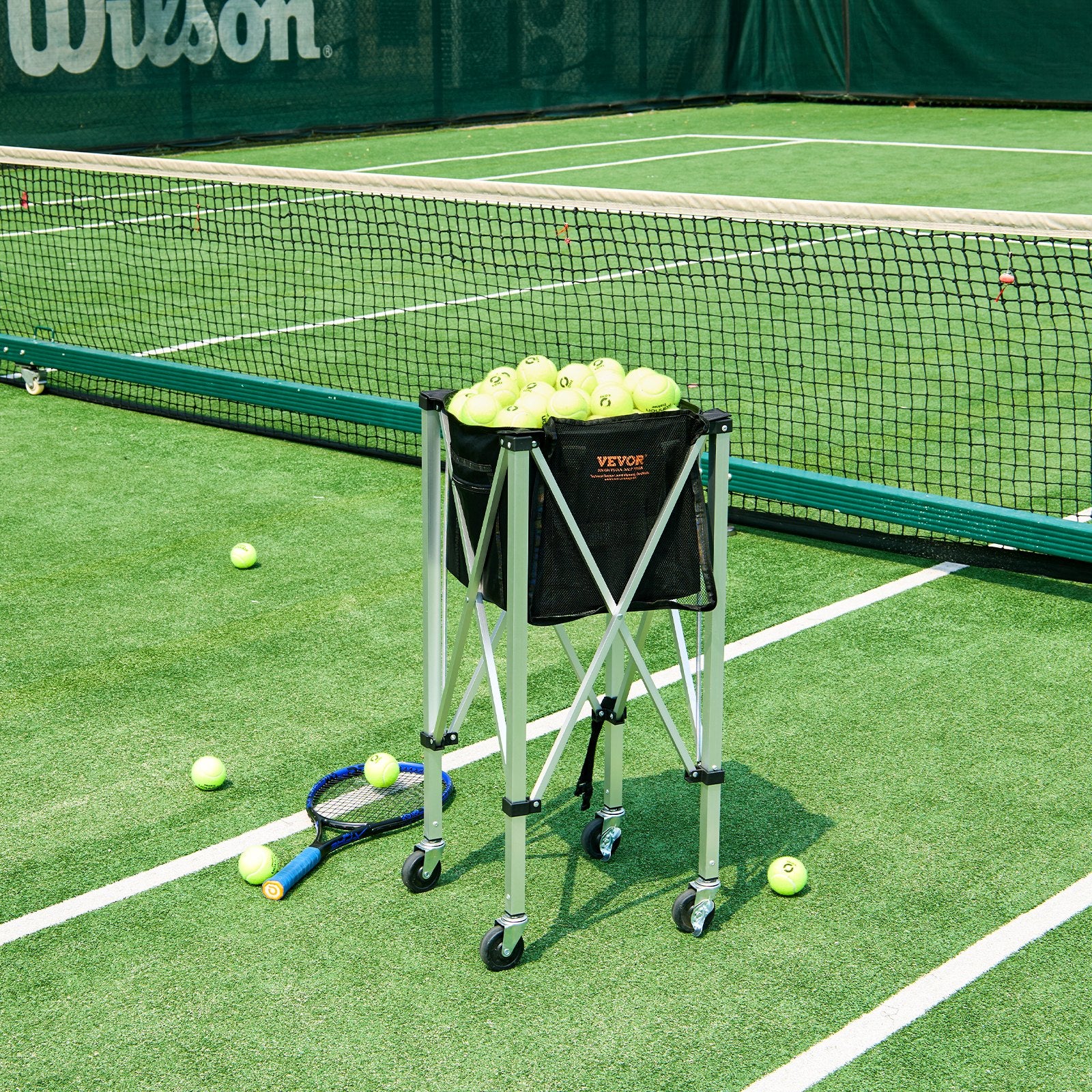 Foldable Tennis Ball Hopper, Holds 180 Tennis Balls, Lightweight Aluminum Alloy Tennis Ball Basket Cart with Wheels, Removable Bag, Carry Bag, Portable Sports Teaching Cart for Tennis Player
