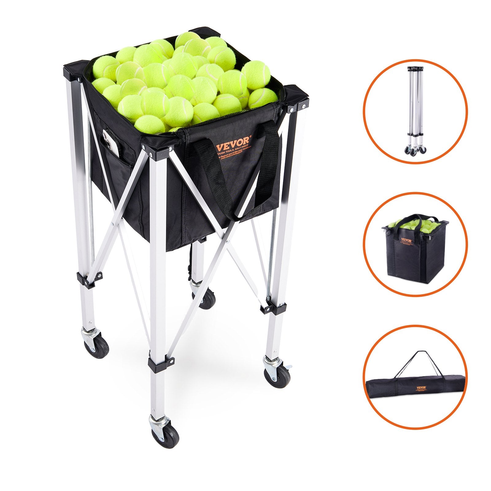 Foldable Tennis Ball Hopper, Holds 180 Tennis Balls, Lightweight Aluminum Alloy Tennis Ball Basket Cart with Wheels, Removable Bag, Carry Bag, Portable Sports Teaching Cart for Tennis Player