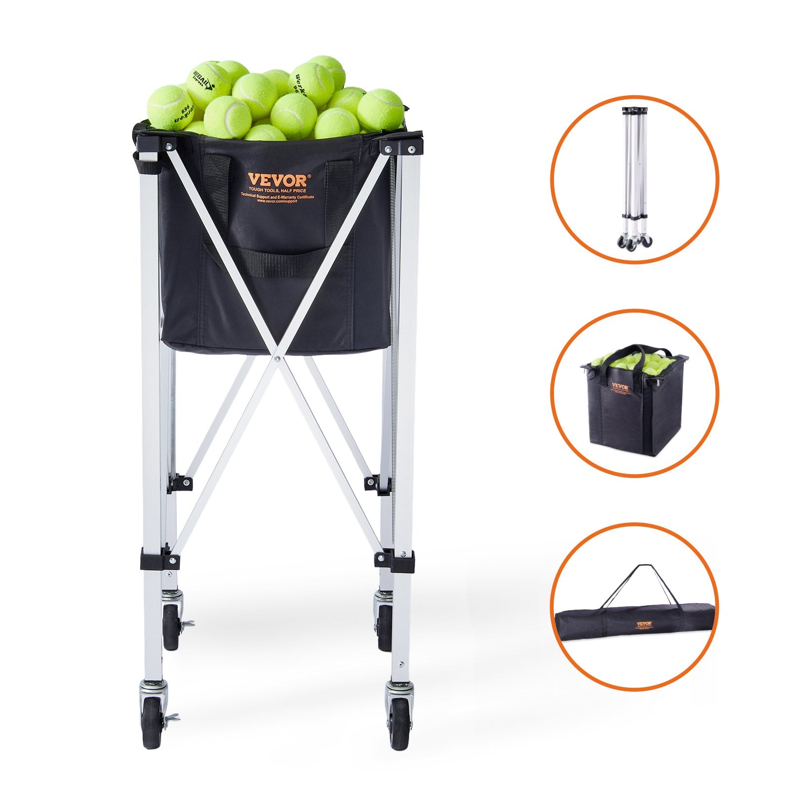 Foldable Tennis Ball Hopper, Holds 180 Tennis Balls, Lightweight Aluminum Alloy Tennis Ball Basket Cart with Wheels, Removable Bag, Carry Bag, Portable Sports Teaching Cart for Tennis Player
