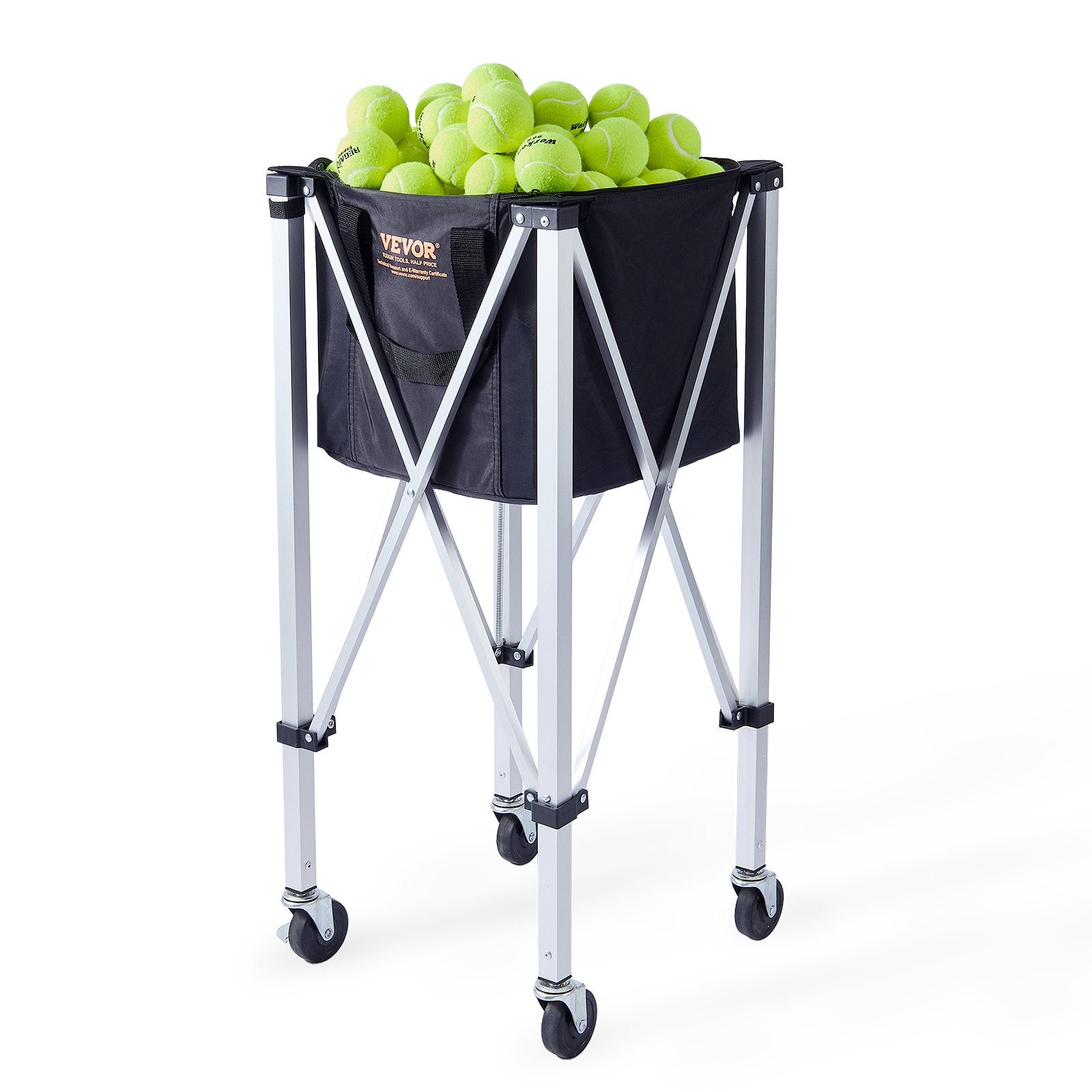 Foldable Tennis Ball Hopper, Holds 180 Tennis Balls, Lightweight Aluminum Alloy Tennis Ball Basket Cart with Wheels, Removable Bag, Carry Bag, Portable Sports Teaching Cart for Tennis Player