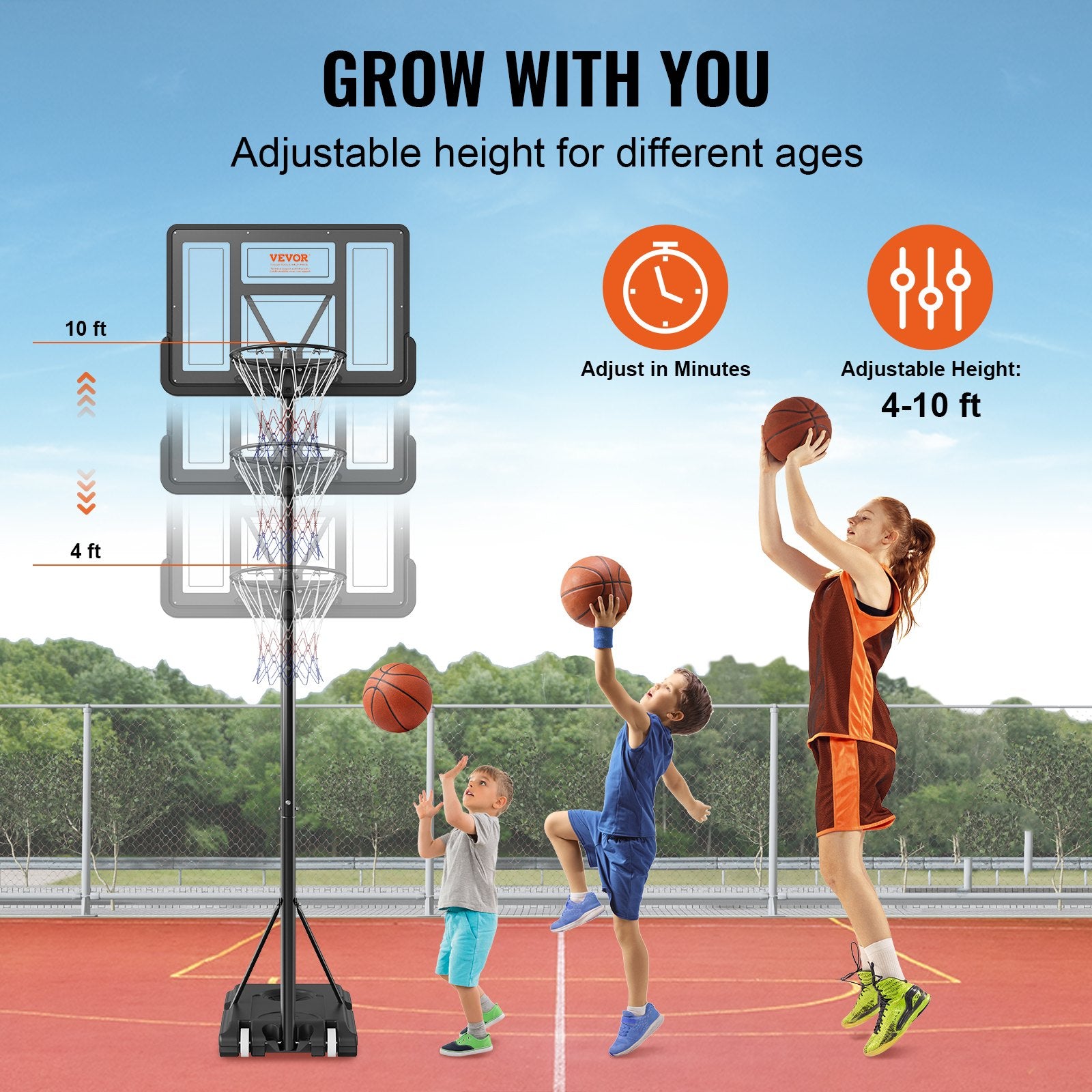 Basketball Hoop, 4-10 ft Adjustable Height Portable Backboard System, 44 inch Basketball Hoop & Goal, Kids & Adults Basketball Set with Wheels, Stand, and Fillable Base, for Outdoor/Indoor